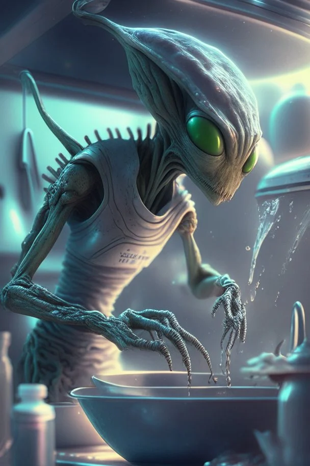 Alien doing the dishes ,highly detailed, artstation, sharp focus,4k