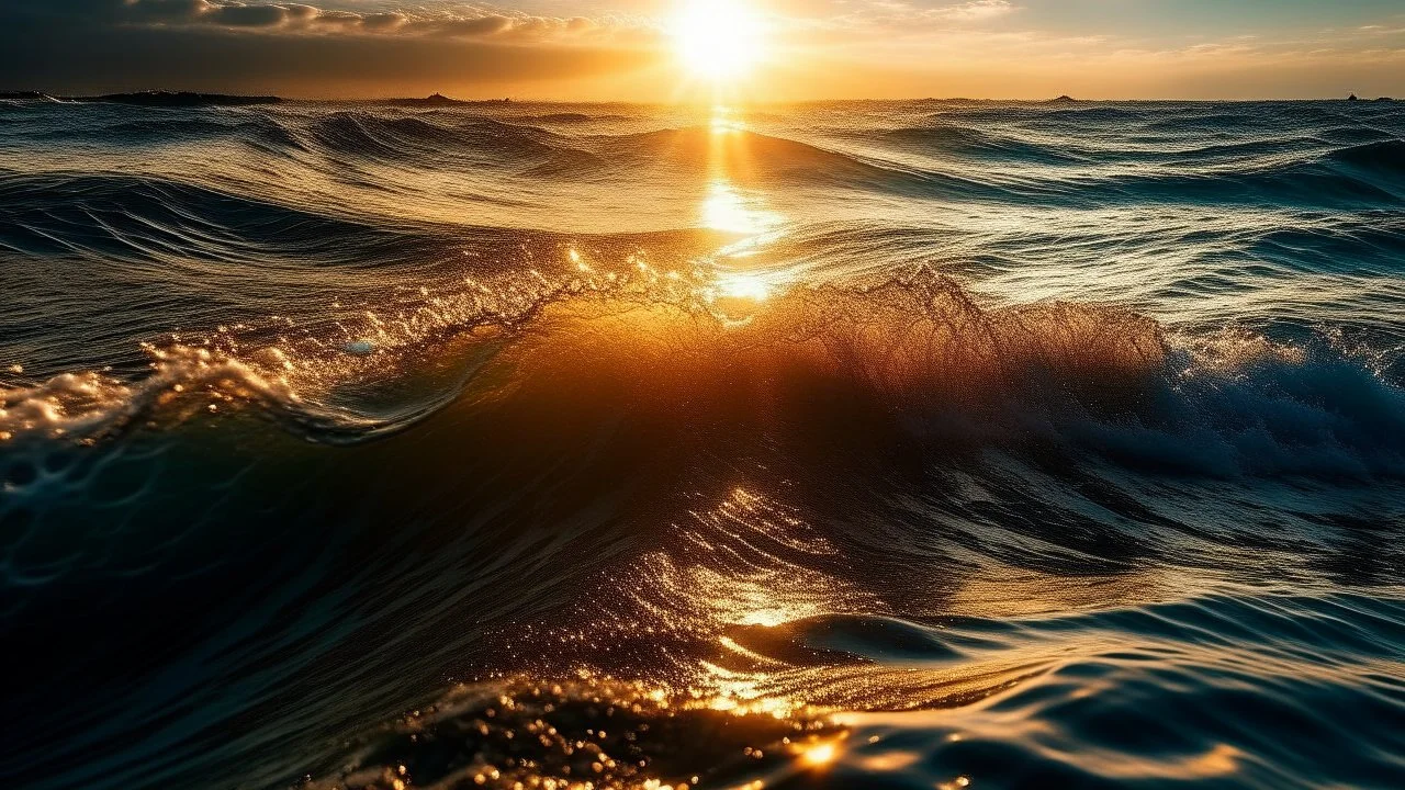 Sea of Endless waves with the sparkling reflection of the sun, golden hour, Canon RF 16mm f:2.8 STM Lens, hyperrealistic photography, style of unsplash and National Geographic