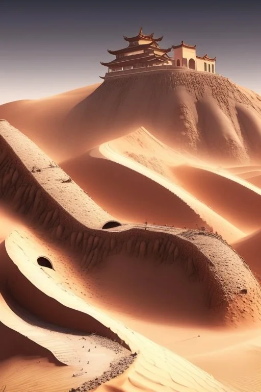 ancient, chinese town, fantasy, desert, dune, sand storm, crater