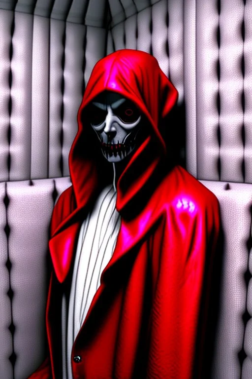 A scary gothic person sits quietly in the middle of a soundproof, padded room conveying intense dramatic emotions in a muted environment, wearing a bright red straitjacket , a mask to cover the mouth area of cannibal evil scary, dark and gothic look, cold eyes, eary ultra detailed,.32k, digital art style with messy paint, hardened sealer appearance, impasto, dramatic Arial view with explosive chaotic background