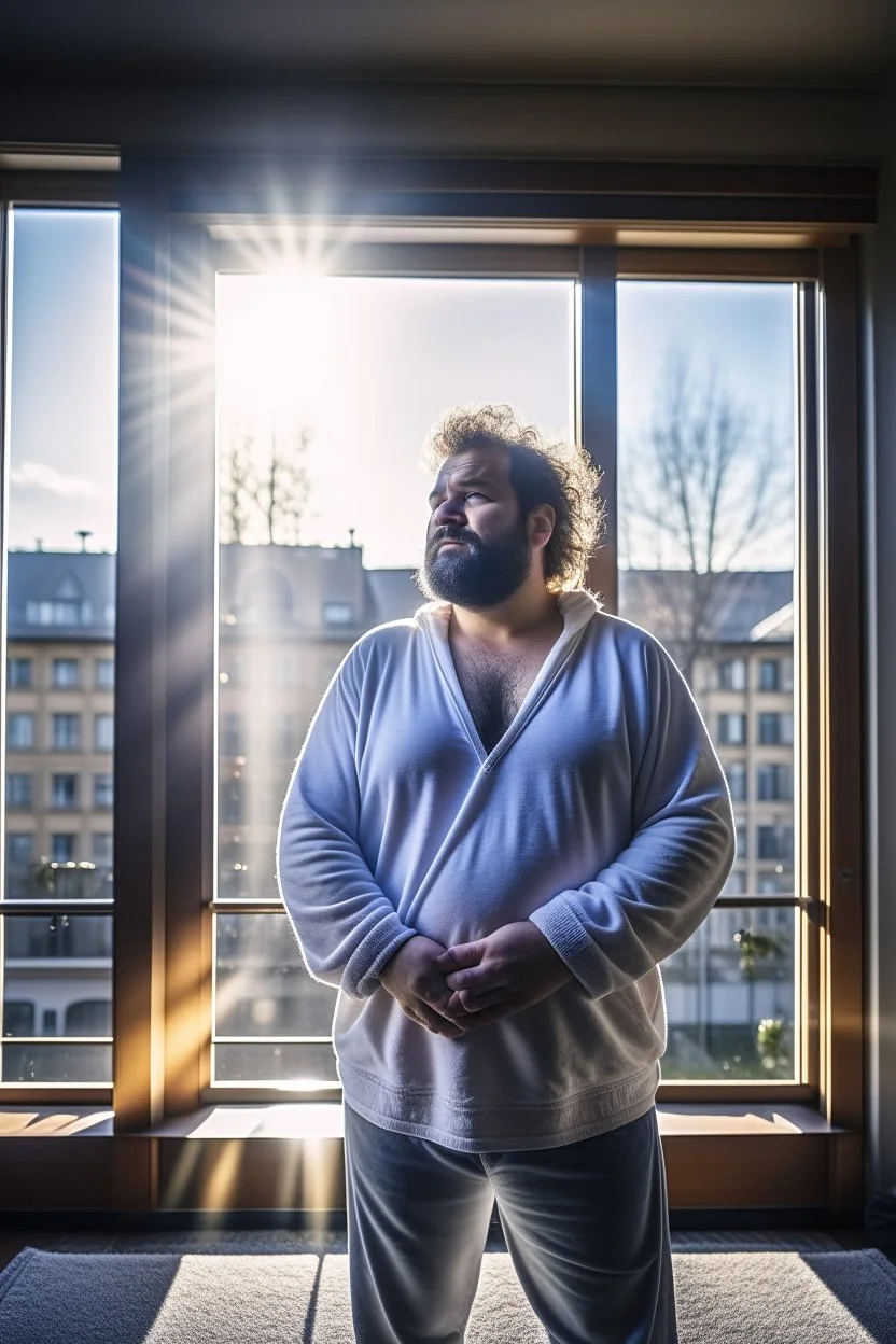 full figure shot photography of burly chubby turkish man 50 years old, at the windows in open bathrobe , bulge, hands behind the head, emotive eyes, long beard, manly chest, curly hair, sharp focus, backlit, harsh overhead sunlight, ambient occlusion , photorealistic , frontal view