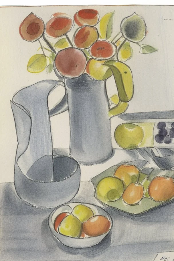 Pencil drawing and watercolour by Barbara Hepworth , table with apples, and a jug of daisies, grey and gold and red
