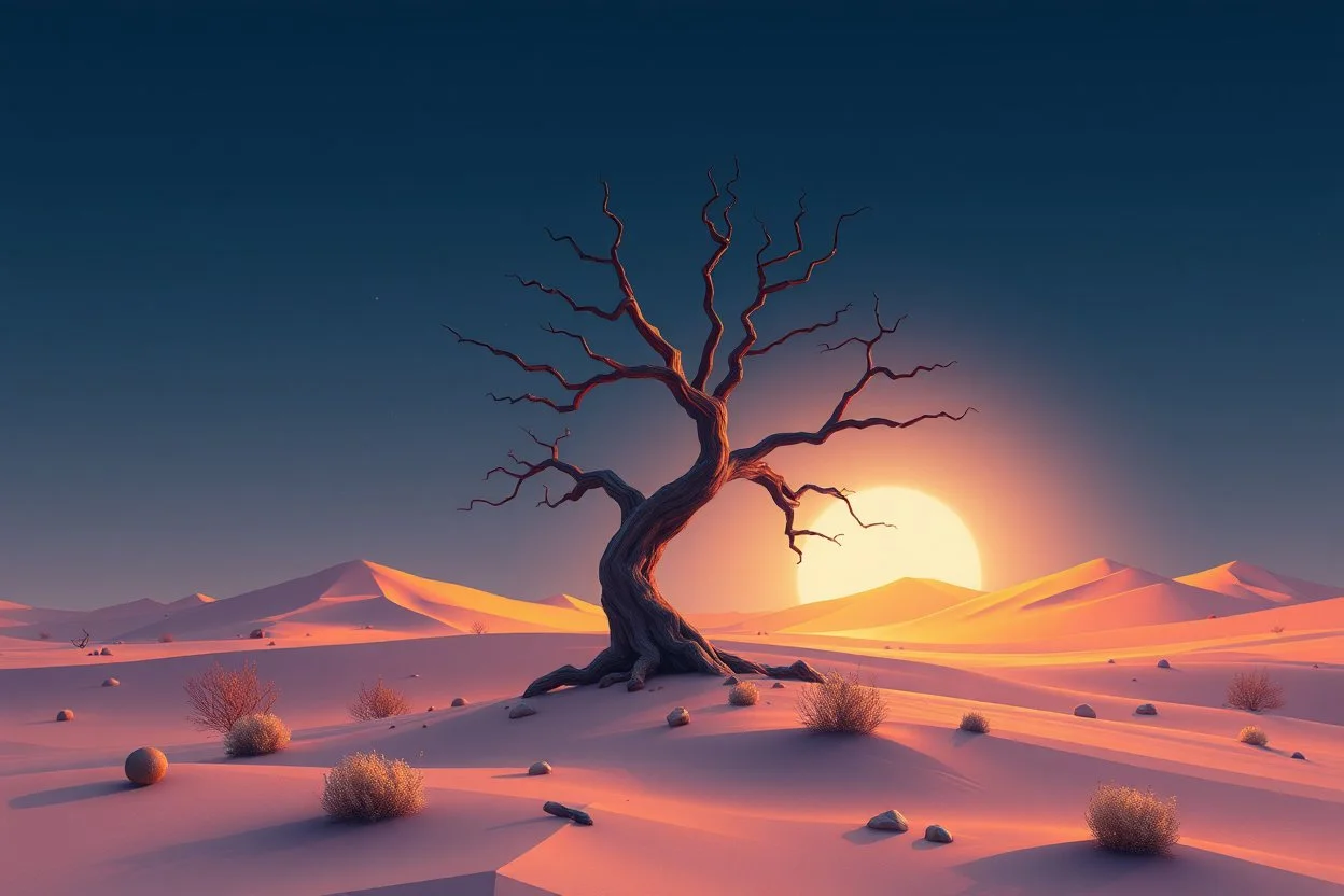 Concept art of an alien desert dead tree, no background, low poly, retro graphics