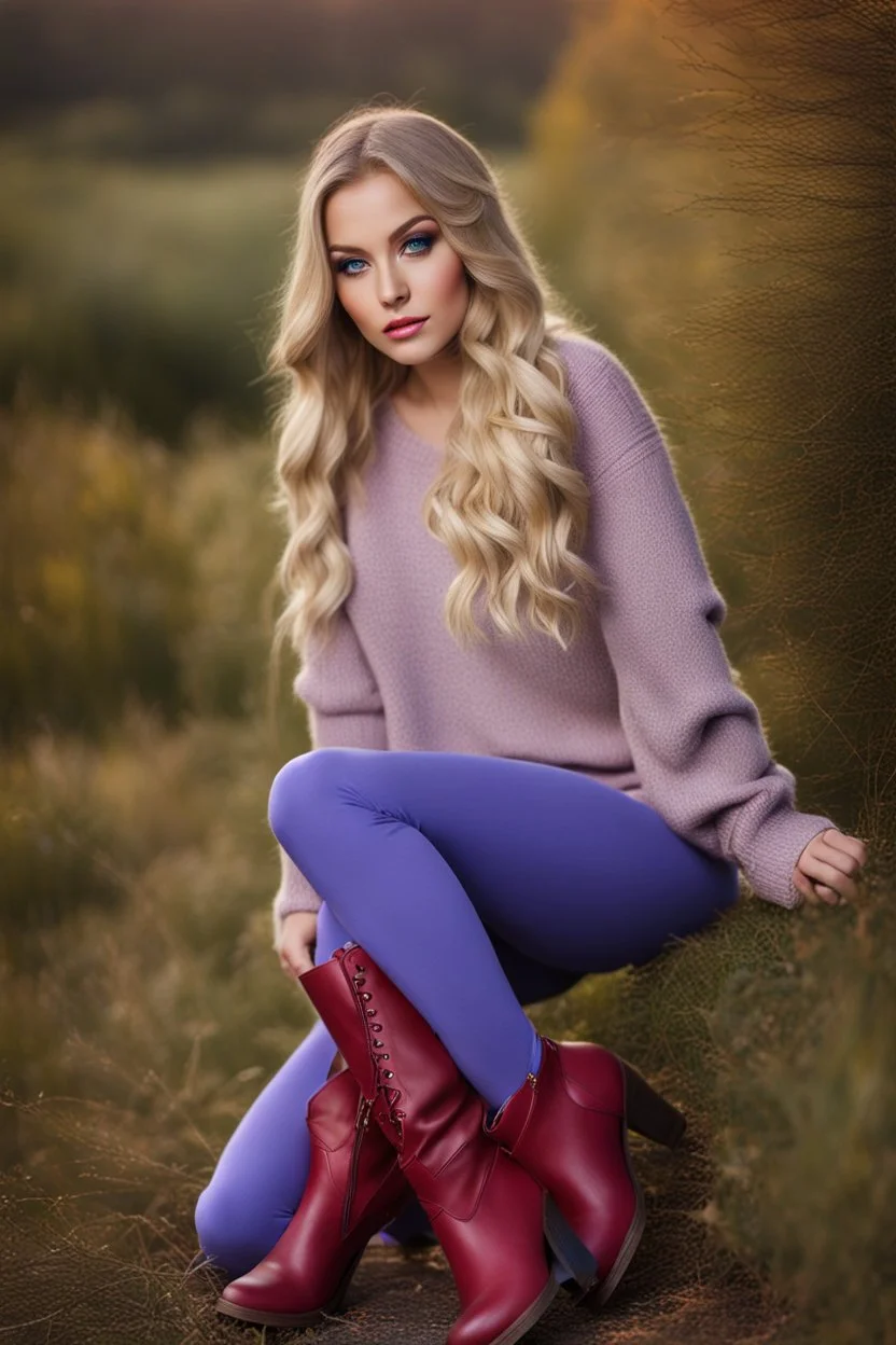 beautiful 18 year old girl with ash blonde hair and blue eyes with her curvy hair down, wearing a long-sleeved woollen top, and lilac long leggings, with long red boots full body shot