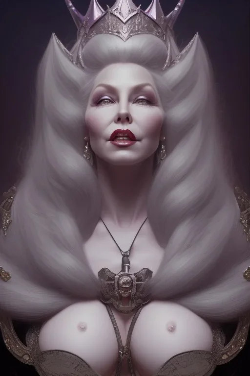 Mae West as evil queen in black leather, leather, busty, cleavage, angry, stern look. character design by cory loftis, fenghua zhong, ryohei hase, ismail inceoglu and ruan jia. unreal engine 5, artistic lighting, highly detailed, photorealistic, fantasy