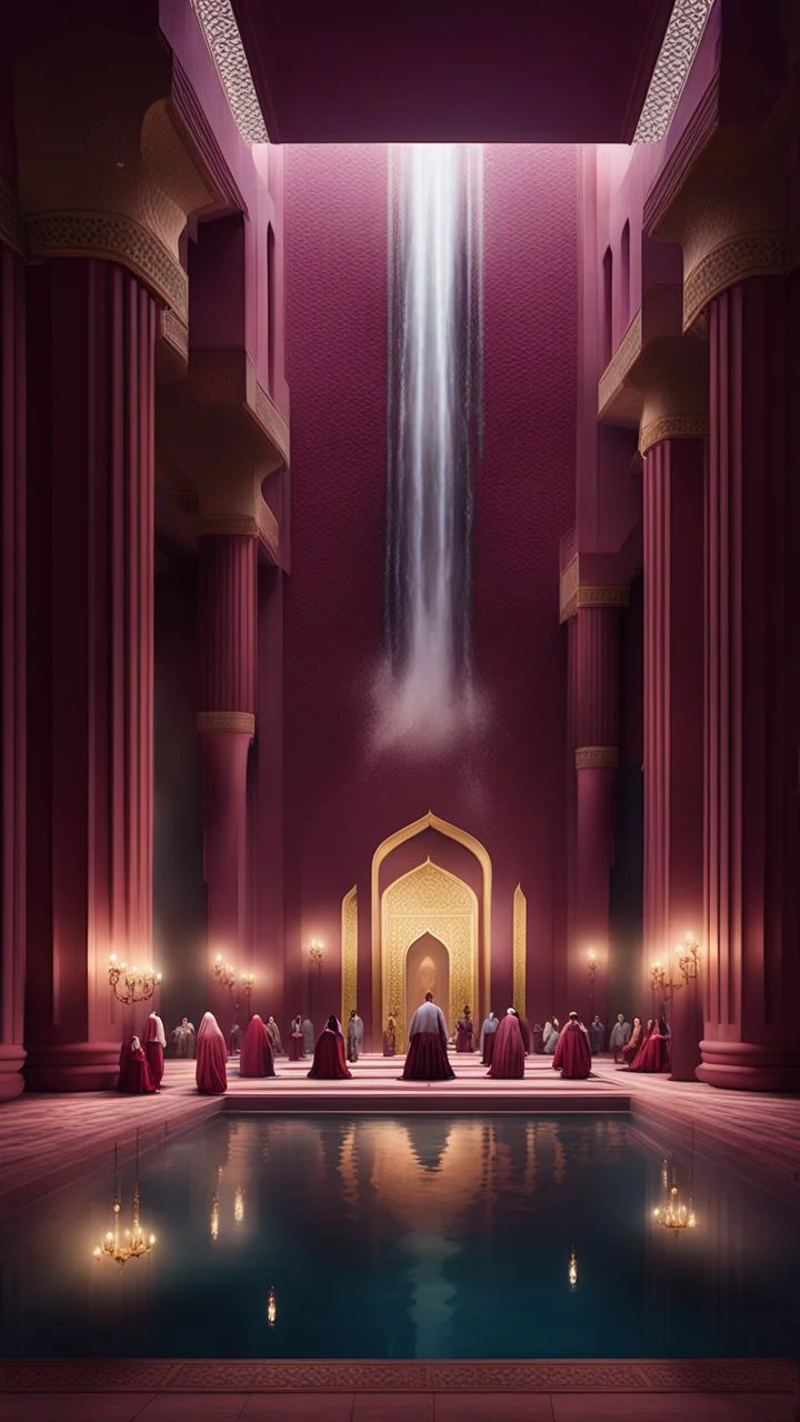 Hyper Realistic people praying inside a huge maroon wall mosque with waterfall, grass patches & small water ponds at night with small chandeliers