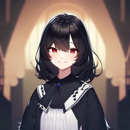 Clear focus,High resolution, black short fluffy hair, long fluffy bangs, and red eyes, Depressed girl, wearing a techy outfit, Smug smile, half closed eyes, smile,