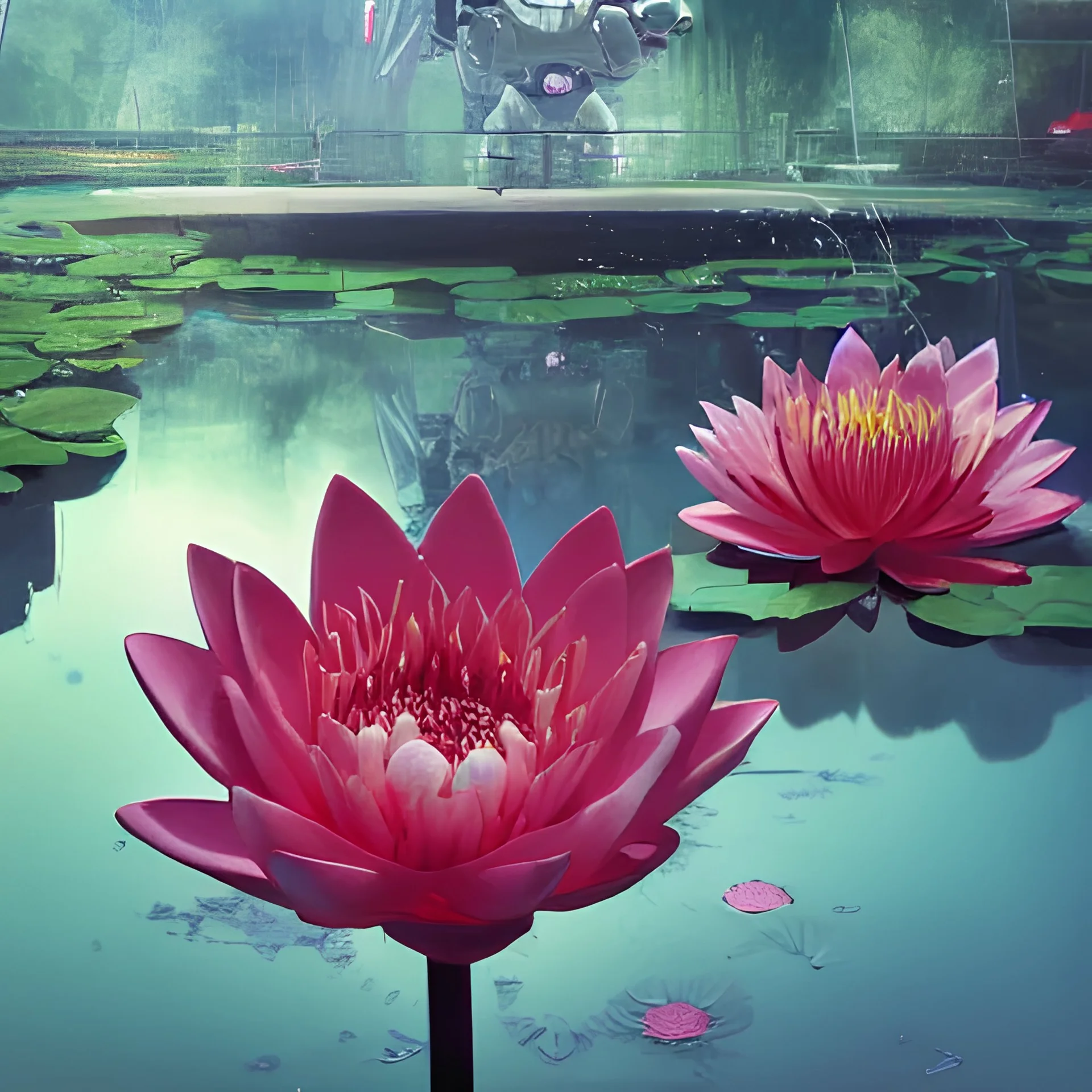 futuristic nymphaea themed mecha waterlily flower for upper body, floral knees, over - under shot, rococo, sci - fi movie, cinematic compositions, highly detailed, nymphaea, 8 k hd resolution, sazabi, biomechanical, bandai box art, zaku, by beeple, cyril rolando, zaha hadid, artgerm