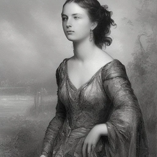 stunningly beautiful young woman , Gustave Doré black and white illustration, perfect eyes, beautiful face