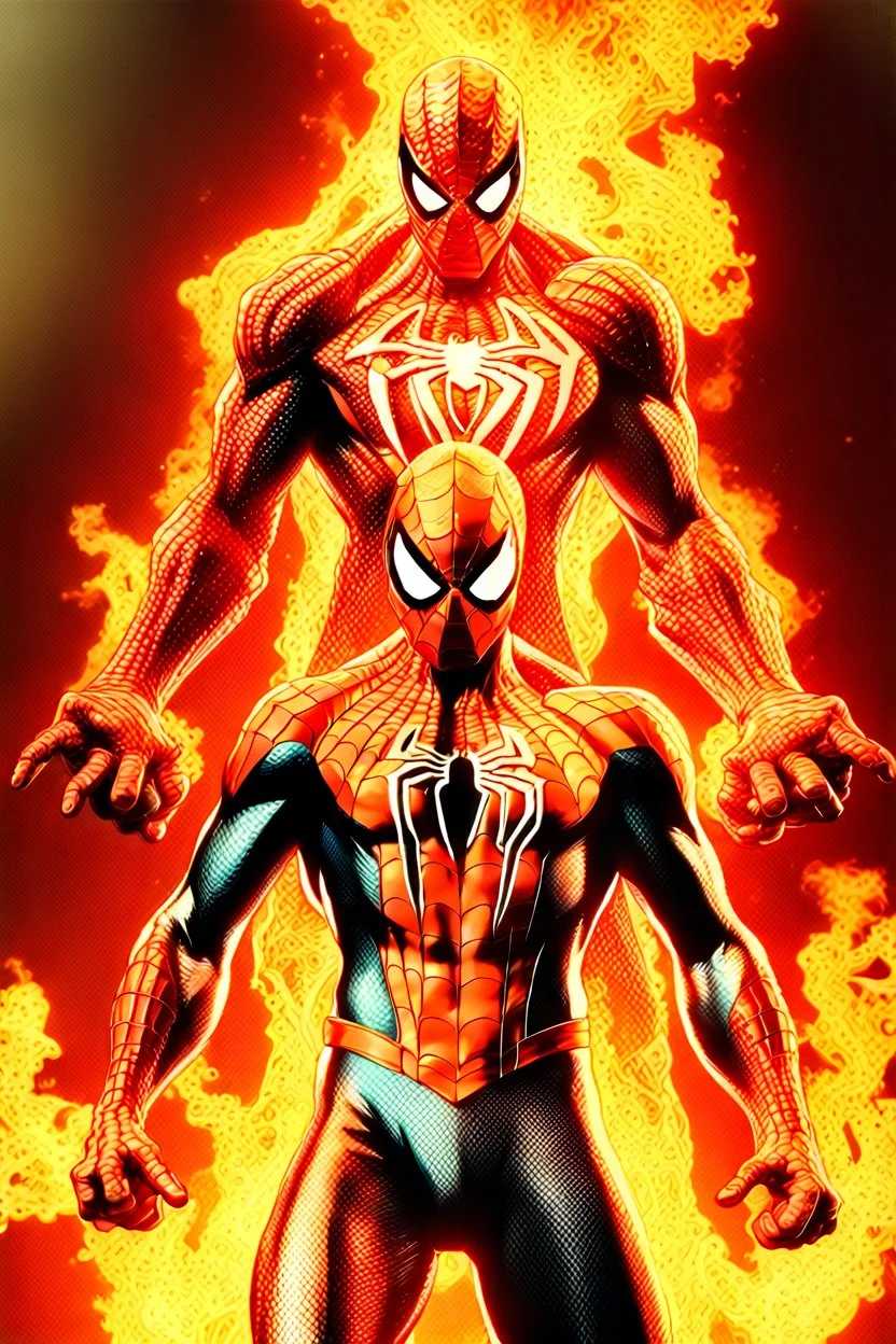 Spiderman from Marvel as a demonic hell spawn with fire on body fighting with Superman from Dc as a demonic hell spawn with fire on body, hell background, Full body display, max level ultra realistic, ray tracing reflections, legendary, energy, HD, photorealistic, HDR, epic composition, Unreal Engine, Cinematic, Color Grading, Ultra-Wide Angle, hyper-detailed, beautifully color-coded, insane details, hyper realistic, intricate details, beautifully color graded, Unreal Engine, Cinematic, Color Gr