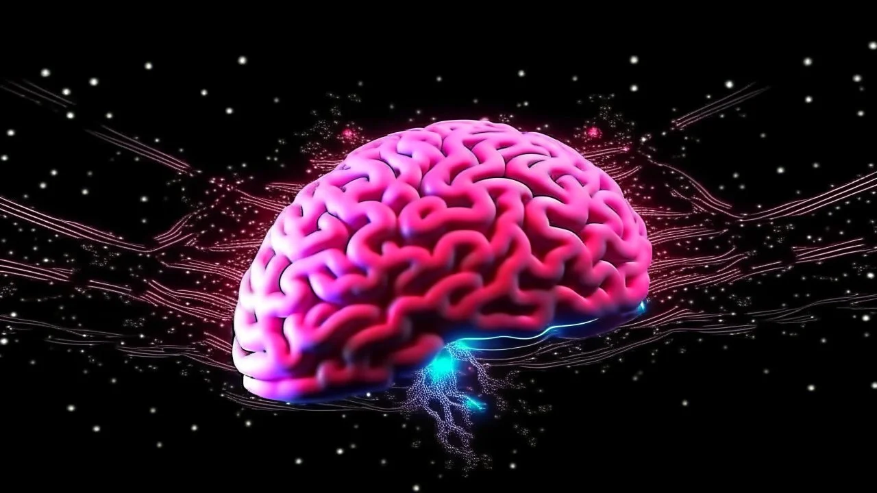 Comic style, bare transparent pink human brain flying trough the universe, background galaxy's