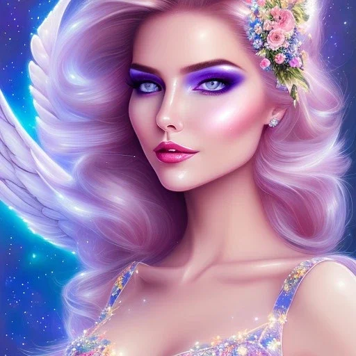 jolie femme galactique cosmonaute sourire avec longs cheveux blue pastel joli visage souriant et beau corps bien formé , beaux yeux bleus - grandes ailes bleu ciel , ciel bleu fleurs blanches et roses. robe en soie, jolies dents, jolis yeux, picture precise and hight quality,ambiance rose pÂle, combinaison de cosmonaute, bijoux