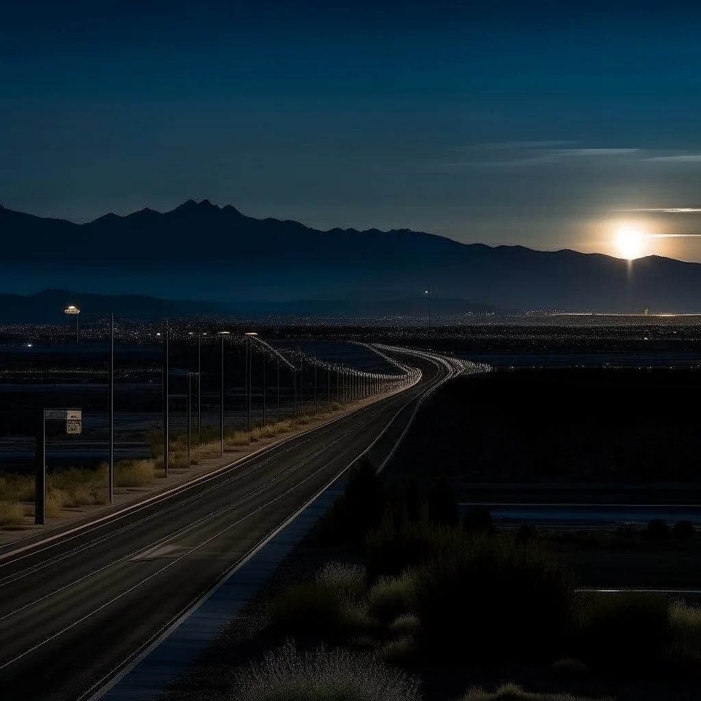 night time, a lonely highway, leading to a beautiful city in the distance. Behind the city is a mountain range with the sun rising