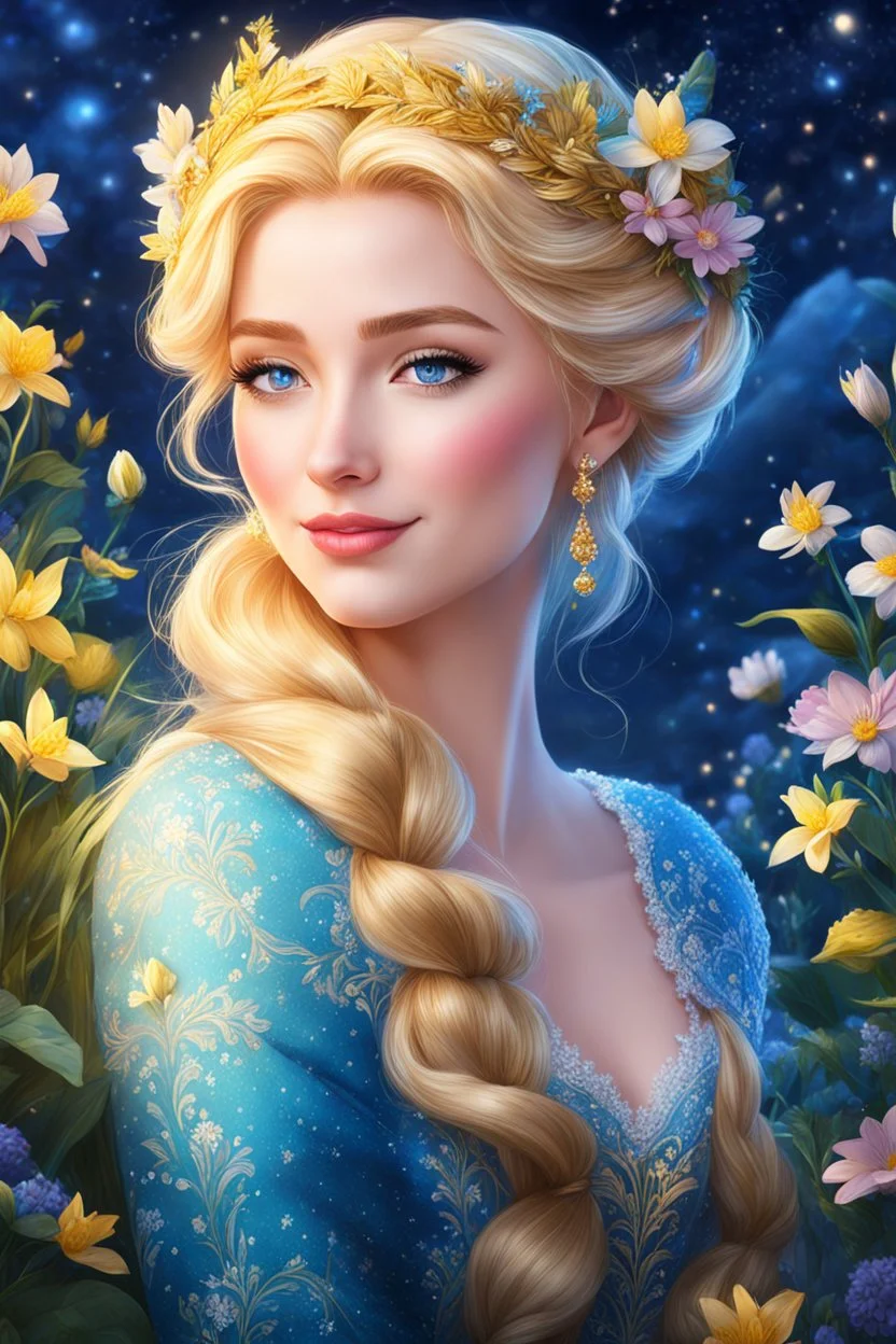 Fair Elsa, with her golden hair and elegant presence, resided amidst the spring flowers under the blue night, renewing dreams and beauty. highly detailed, digital art, beautiful detailed digital art, vibrant colors, high quality, 4k