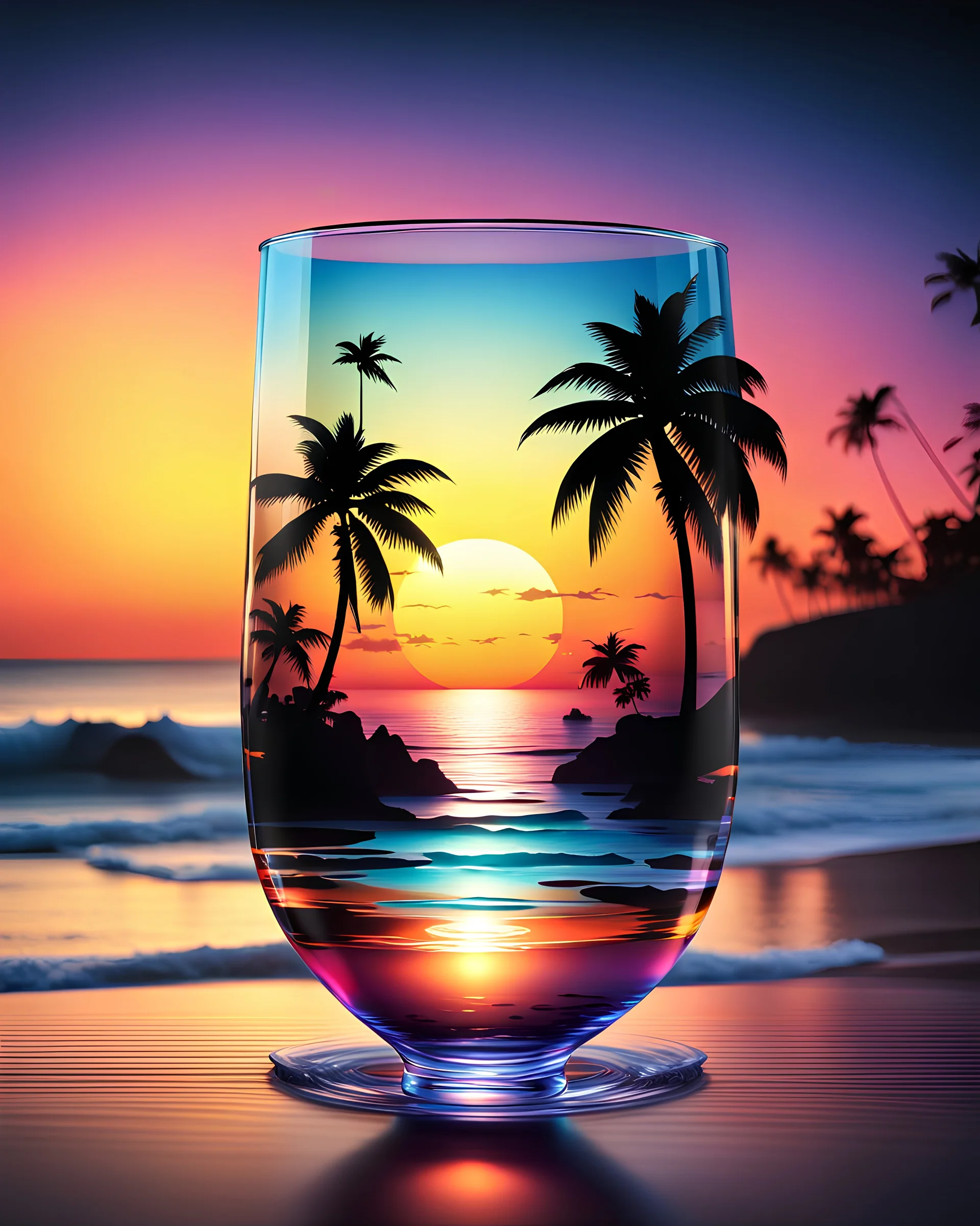 Stunning conceptual beach scene illustration in cocktail glass silhouette. Beach with vibrant colors, sunset sky and coast with palm trees. Cinematic black background, the glass looks like a window to a tropical paradise.12k 3D HD hyper-realistic Image quality CodeFormer AI 12K, cute flower fairy with bright wings like morning dew, flutters from flower to flower. Hair in curls,adorned with petals and pollen, mysterious phoenix woman,her silhouette made with interconnected and integrated elements