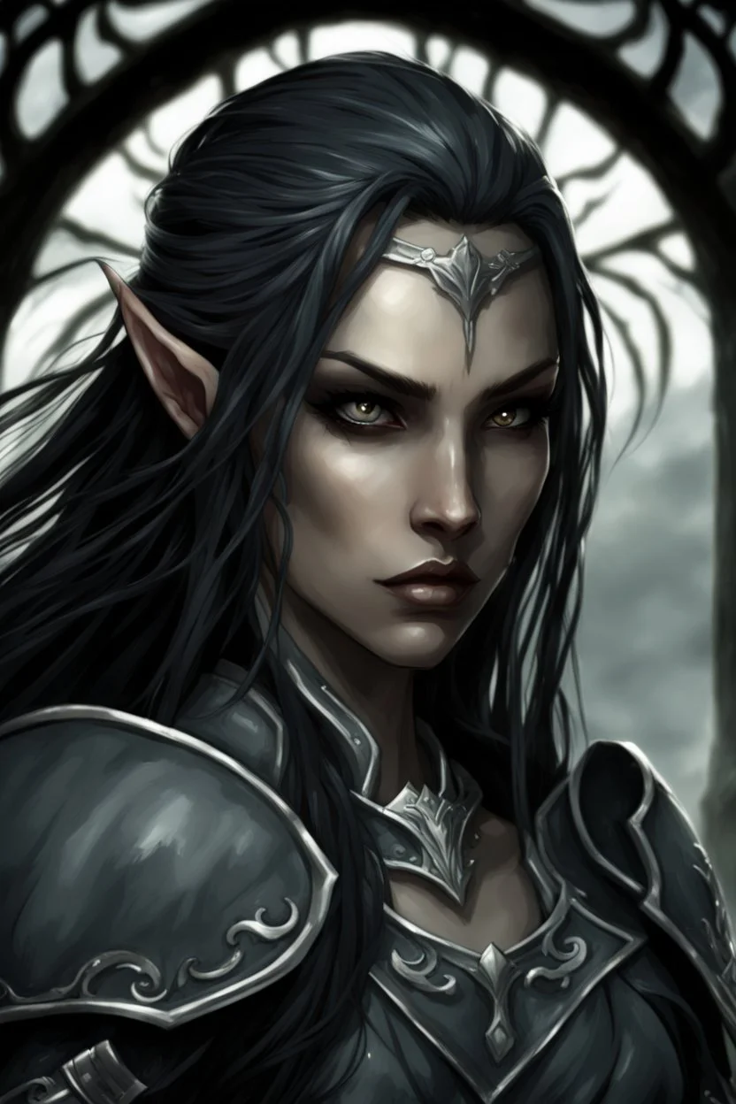 SA female elf with skin the color of storm clouds, deep grey, stands ready for battle. Her long black hair flows behind her like a shadow, while her eyes gleam with a fierce silver light. Despite the grim set of her mouth, there's a undeniable beauty in her fierce countenance. She's been in a fight, evidenced by the ragged state of her leather armor and the red cape that's seen better days, edges frayed and torn. In her hands, she grips two daggers, add dark shadow mystic purple flames