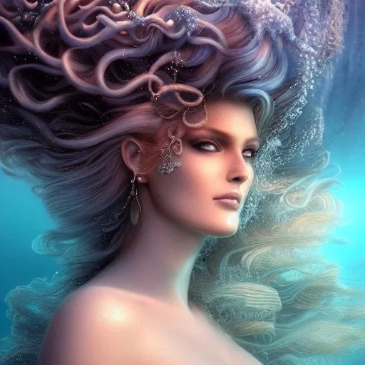 high-quality, fine-detail close-up portrait of gorgeous, stunning goddess of the ocean with turbulent waves as hair and coral reef exoskeleton, 8k resolution, 3D octane render, intricate, digital art, detailed matte, volumetric lighting, George Grie, Anne Dittman, Anne Stokes, Lisa Parker, Selina French,