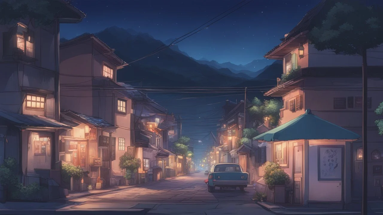 Beautiful anime town at night, cartoon, anime, lofi, pastel, cinematic, nostalgic, town