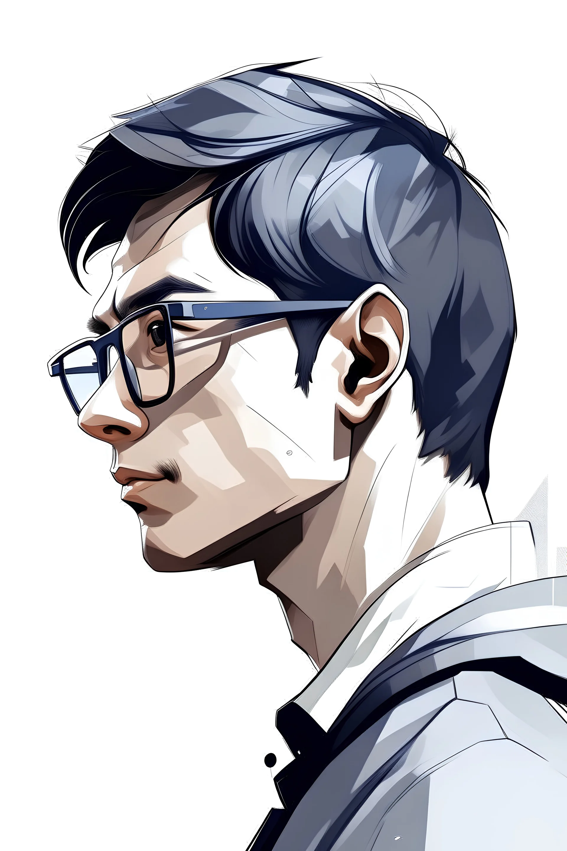 A developer wearing glasses, digital art, profile picture, anime face, left profile view, Indian ethnicity, ,white background.