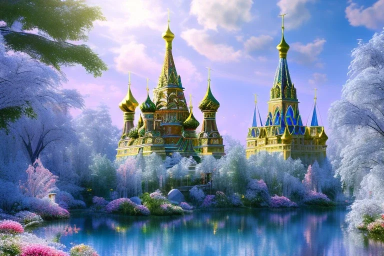  white and gold crystal russian PALACE，waterfall, BLUE LAKE, SWANN,flowers, flower trees, sky pink blue, full of details, smooth, bright sunshine，soft light atmosphere, light effect，vaporwave colorful, concept art, smooth, extremely sharp detail, finely tuned detail, ultra high definition, 8 k, unreal engine 5, ultra sharp focus