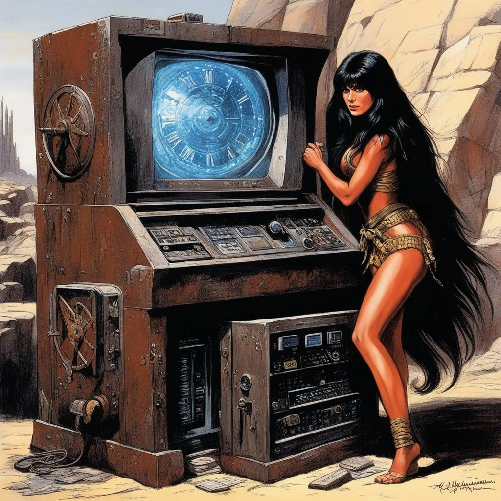 [art by Ray Harryhausen] a youthful Caroline Munro cautiously approaches the weathered and worn console, the most clever ordinateur in the universe. The once gleaming machine now bears the marks of time, covered in a layer of rust and dust that speaks of ages past. Despite its aged appearance, the user is granted access to a realm of knowledge and possibilities beyond her wildest dreams. The power and intelligence contained within this ancient ordinateur are shrouded in mystery, its mechanisms