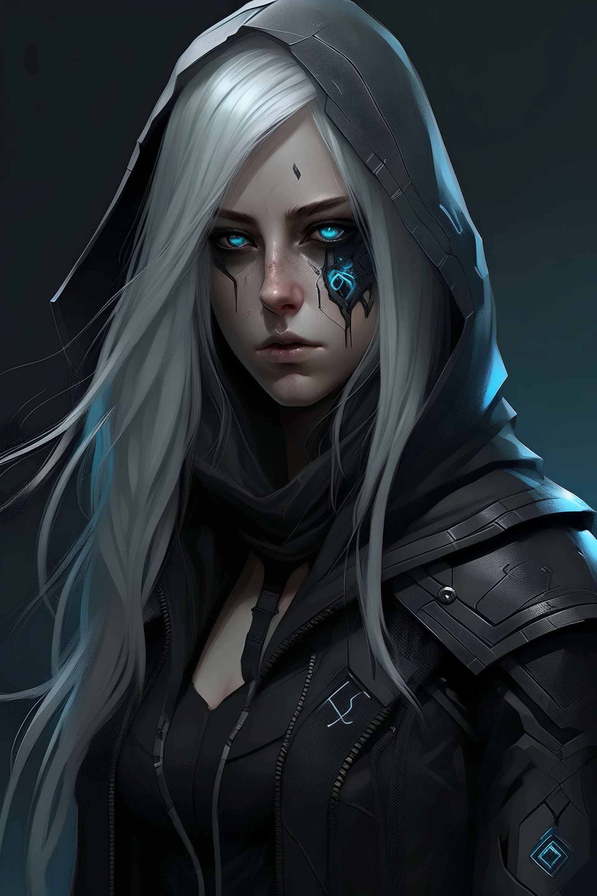 female human with scarred face, cyberpunk, white long hair, blue eyes, black leather armor, black cape, black hood