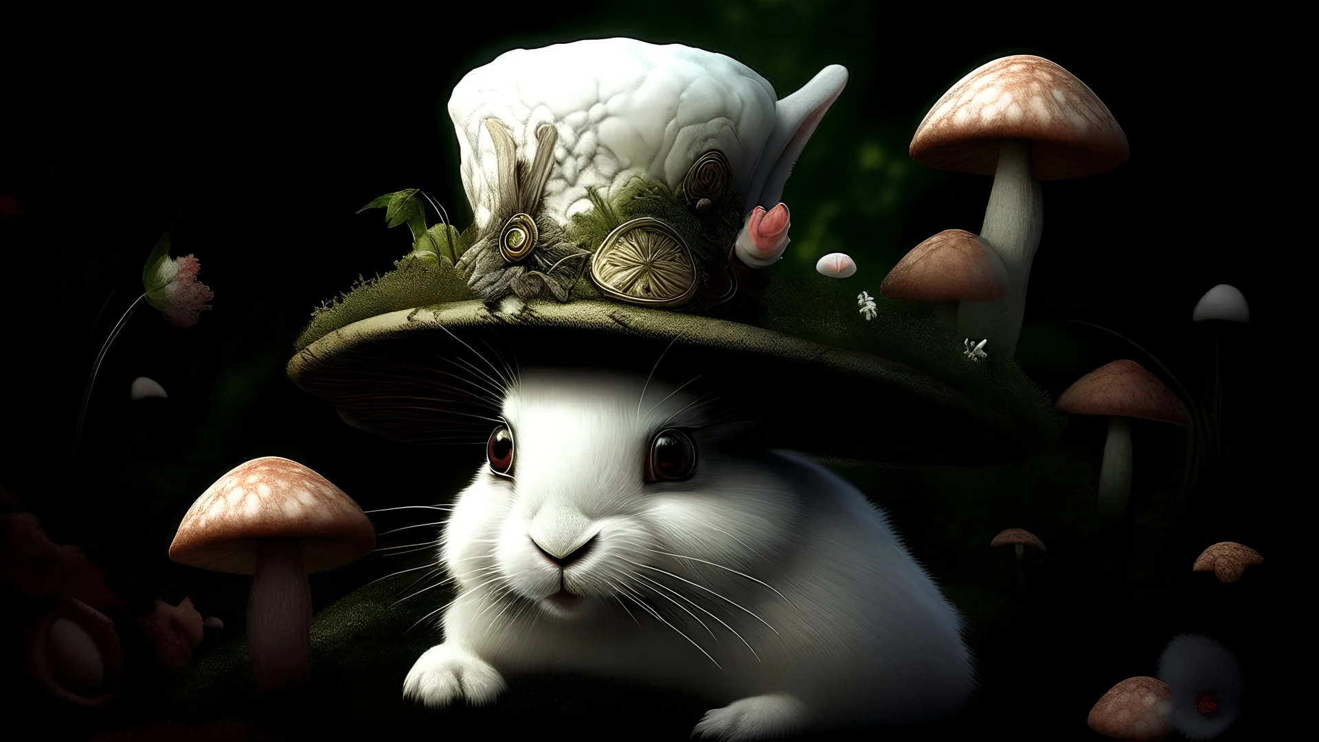 beautiful white Bunny with mushrooms growing on his back, textured detailed fur, portrait, mage hat, elf florest background extremely detailed, athmoshpheric, hyperrealistic maximálist concept art