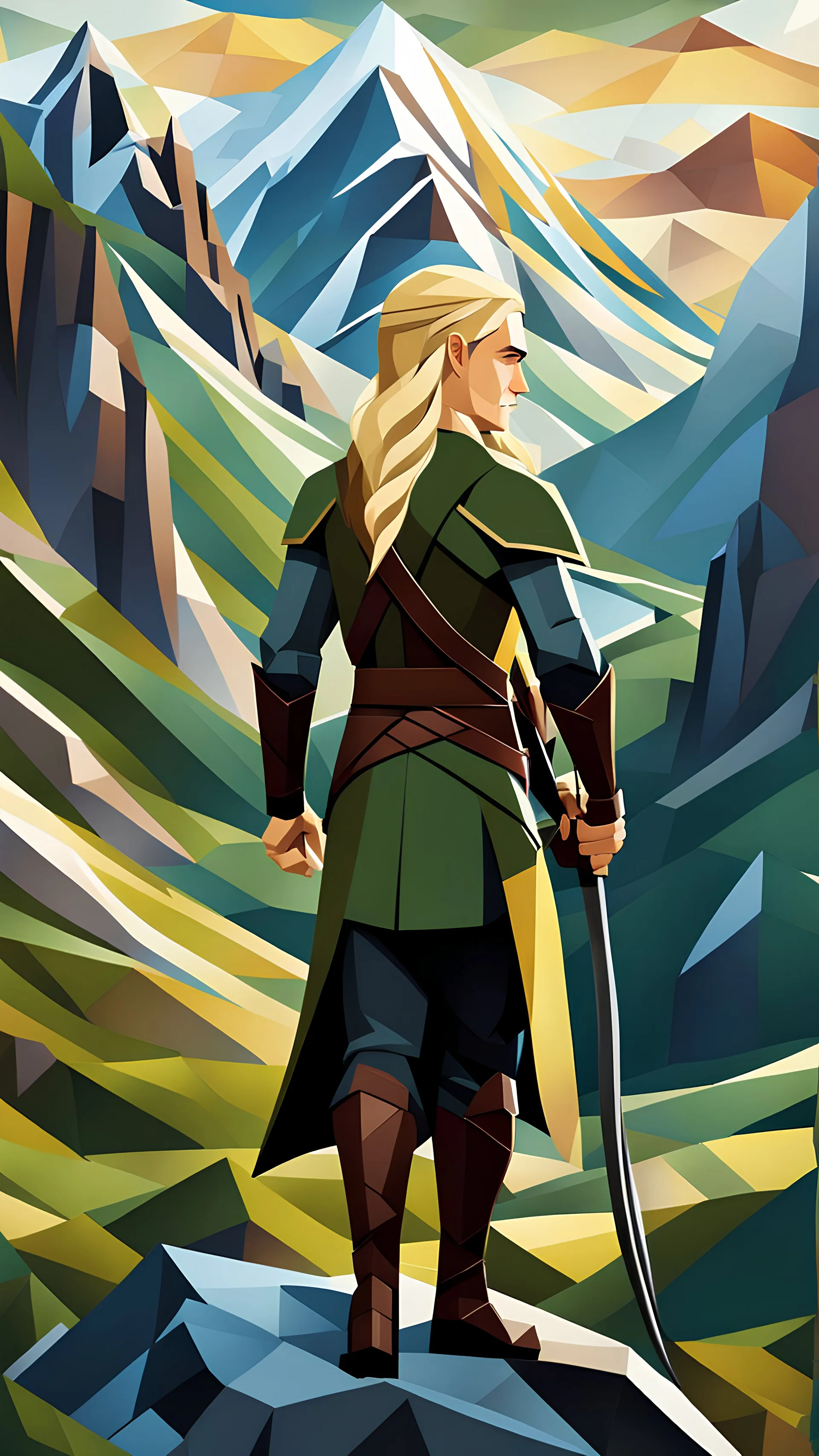 Legolas en las montañas, arte cubista, full body, calidad ultra, hiperdetallado, increíble obra de arte, 64K