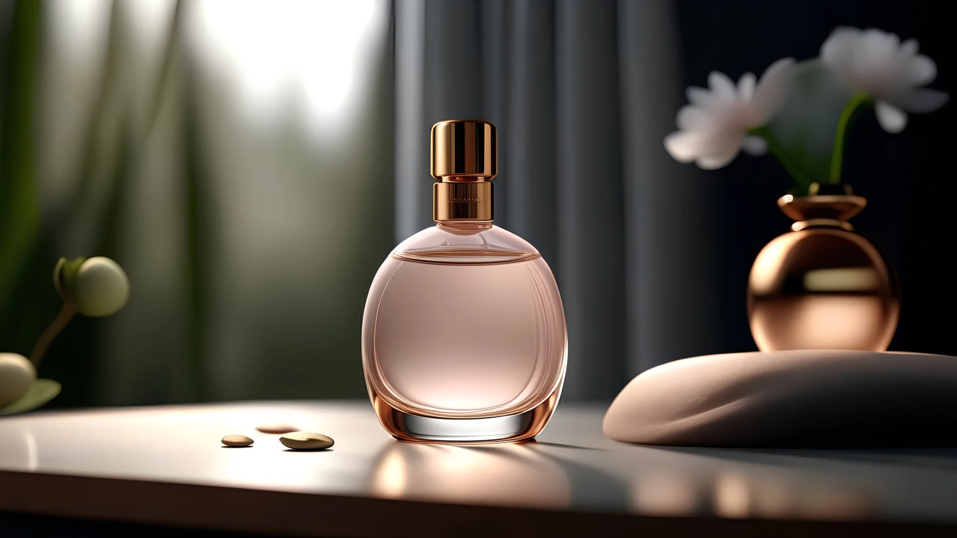 generate me an aesthetic complete image of Perfume Bottle in Serene Spa Setting