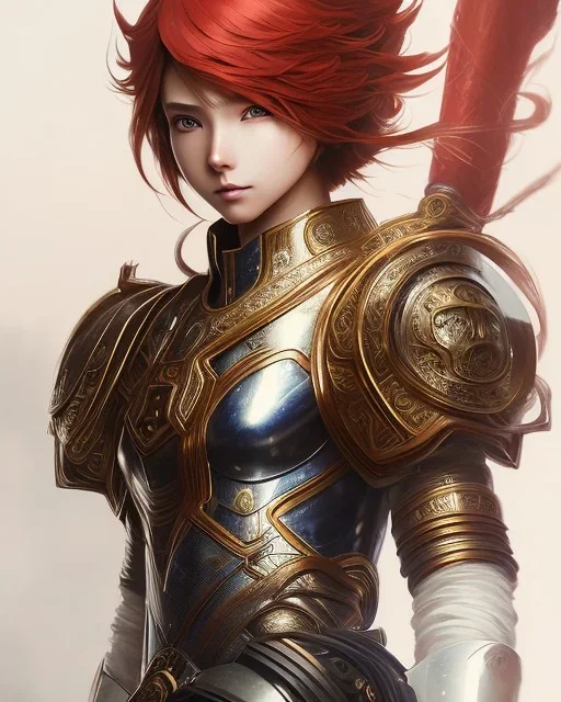 Detailed anime creature, red hair, dragon scale armour, intricate details, full body portrait, keep head in frame, slight smile, black Japanese motif, concept art, highly detailed, digital painting, concept art, sharp focus, illustration, art by Yoji Shinkawa, WLOP and greg rutkowski and alphonse mucha and artgerm and yanjun Chen and Junji ito and Makoto Shinkai, HDR, octane render, dark background