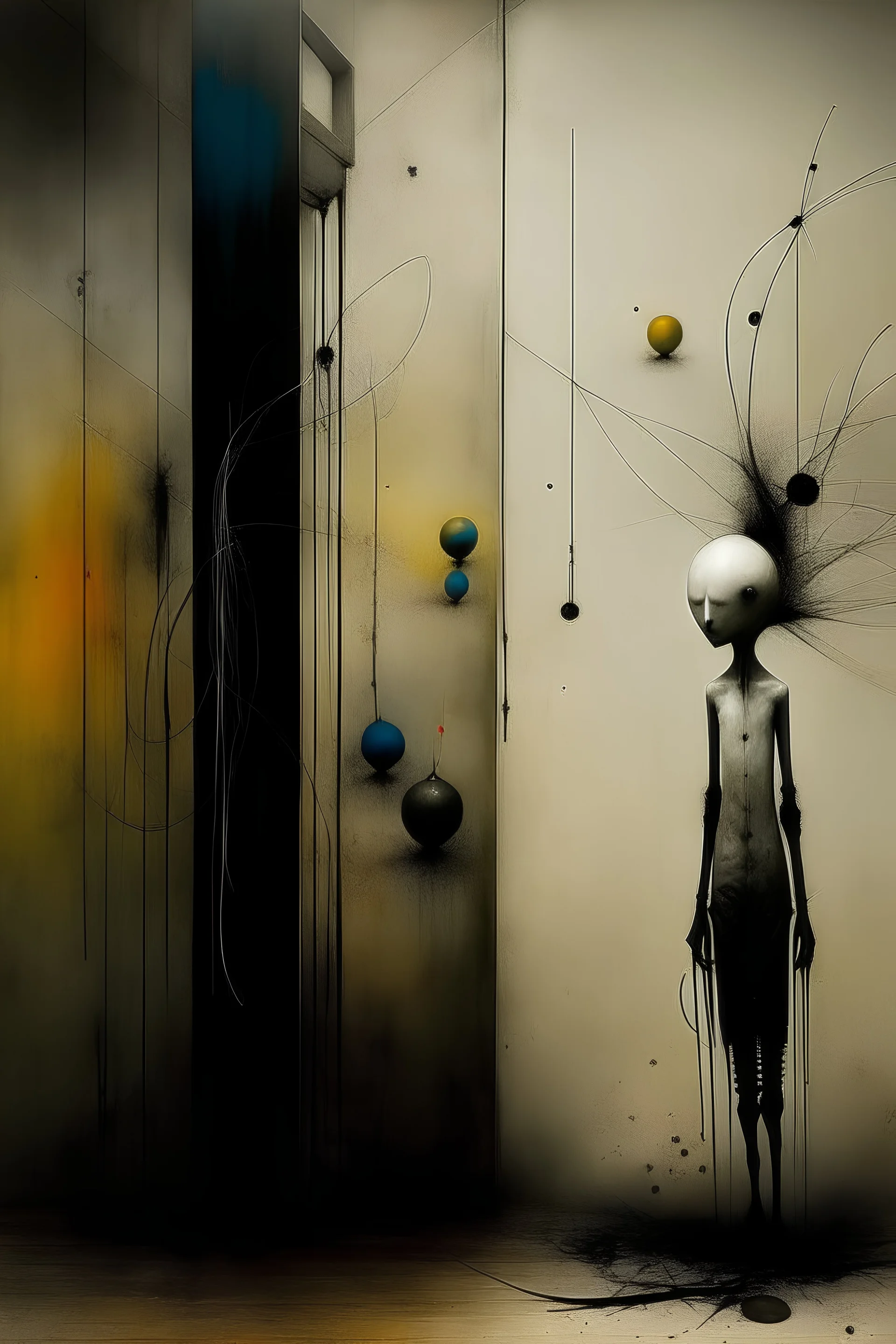 Style by Gabriel Pacheco and Joan Miro and Oskar Schlemmer, surreal abstract art, empathy for nightmares, dada doorway to the dreaming, surreal masterpiece, juxtaposition of the uncanny and the banal, sharp focus, smooth, by Stephen Gammell