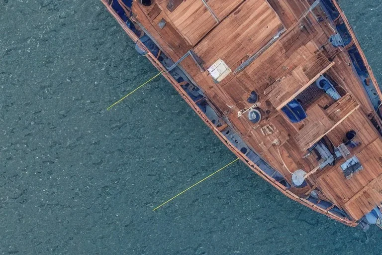 Aerial view of wooden ship listing, flir camera, night vision, helicopter view, drone pov, night, ship sinking