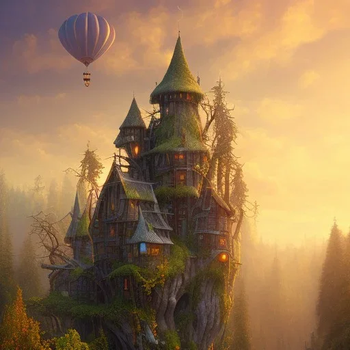 valley, fairytale treehouse village covered,, matte painting, highly detailed, dynamic lighting, cinematic, realism, realistic, photo real, sunset,detailed, high contrast, denoised, centered, michael whelan