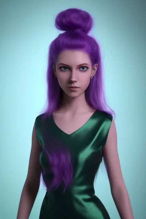 purple haired human girl with bright green eyes wearing purple/black dress