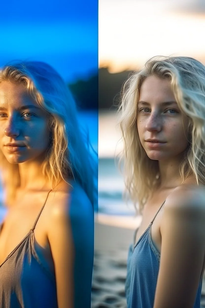 photograph of hanalei reponty silberner badeanzug, wie linkes bild, schlichter badeanzug, blondes haar, medium length hair, raw, , blue hour, show wrinkles, show blemishes, beach hair, 80 mm lens, dof