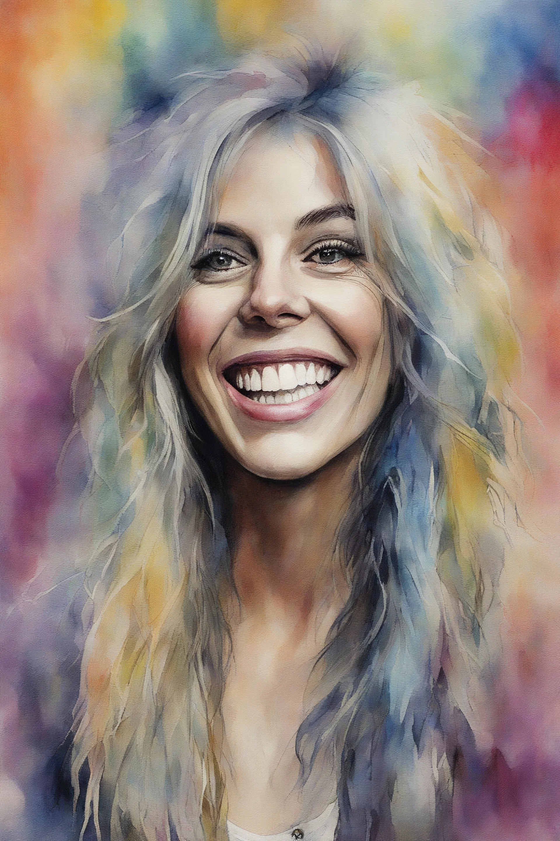 head and shoulders portrait, Miss Motley Crue - Smiling, a multicolored watercolor stained wall in the background, 4k, 8k, 32k UHD, Hyper realistic, extremely colorful, vibrant, photorealistic, realistic, sharp, highly detailed, professional quality, awesome, majestic, superb, trending on artstation, Cinematic, Real, Life like, Highly detailed, sharp, focused, fantastic