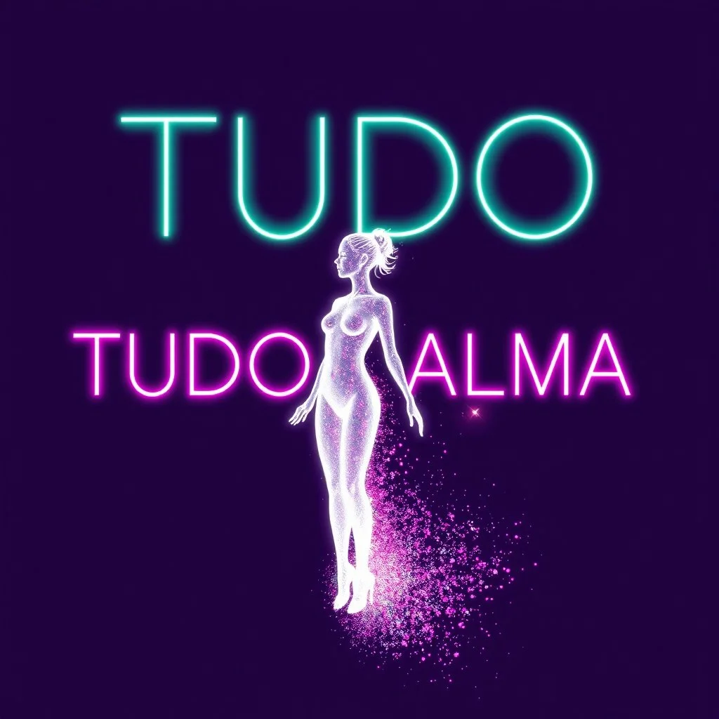 A vibrant and dynamic design. The title 'TUDO ALMA' is prominently displayed in sleek, neon-colored typography that glows against the dark purple background. The central image features a female silhuette totally white made of full light, their body dissolving into a particles of colorful and strong sound waves light, symbolizing the fusion of soul. Surrounding the figure are particles of light, all pulsating with energy, creating a sense of movement and rhythm. A masterpiece.