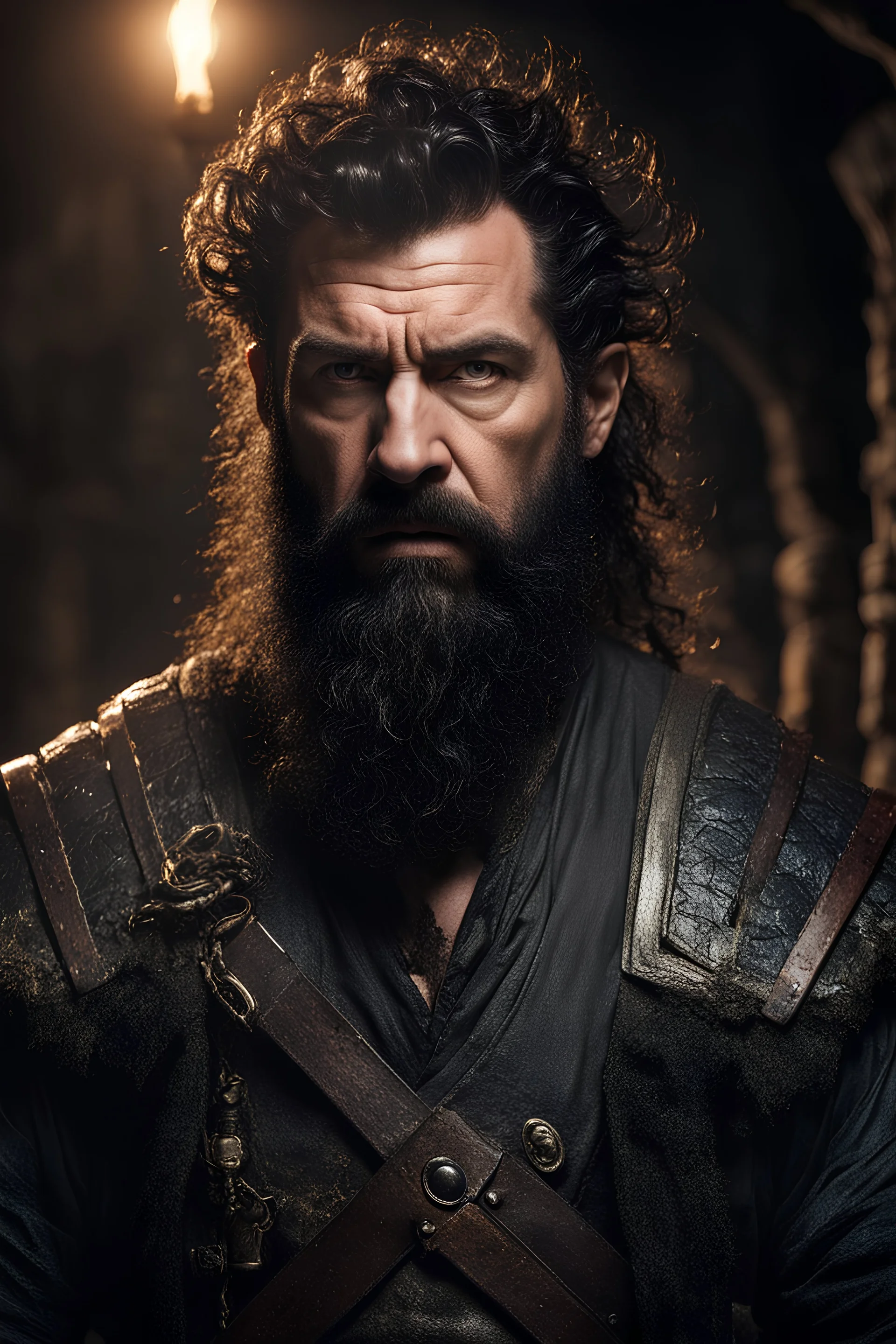portrait of an ugly middle aged male fighter dwarf, black medium messy curly hair, long black beard, dressed in a tinkerer garb, standing in a dungeon, dark eyes, realistic, dim torch lighting, cinematic lighting, highly detailed face, very high resolution, looking at the camera, centered
