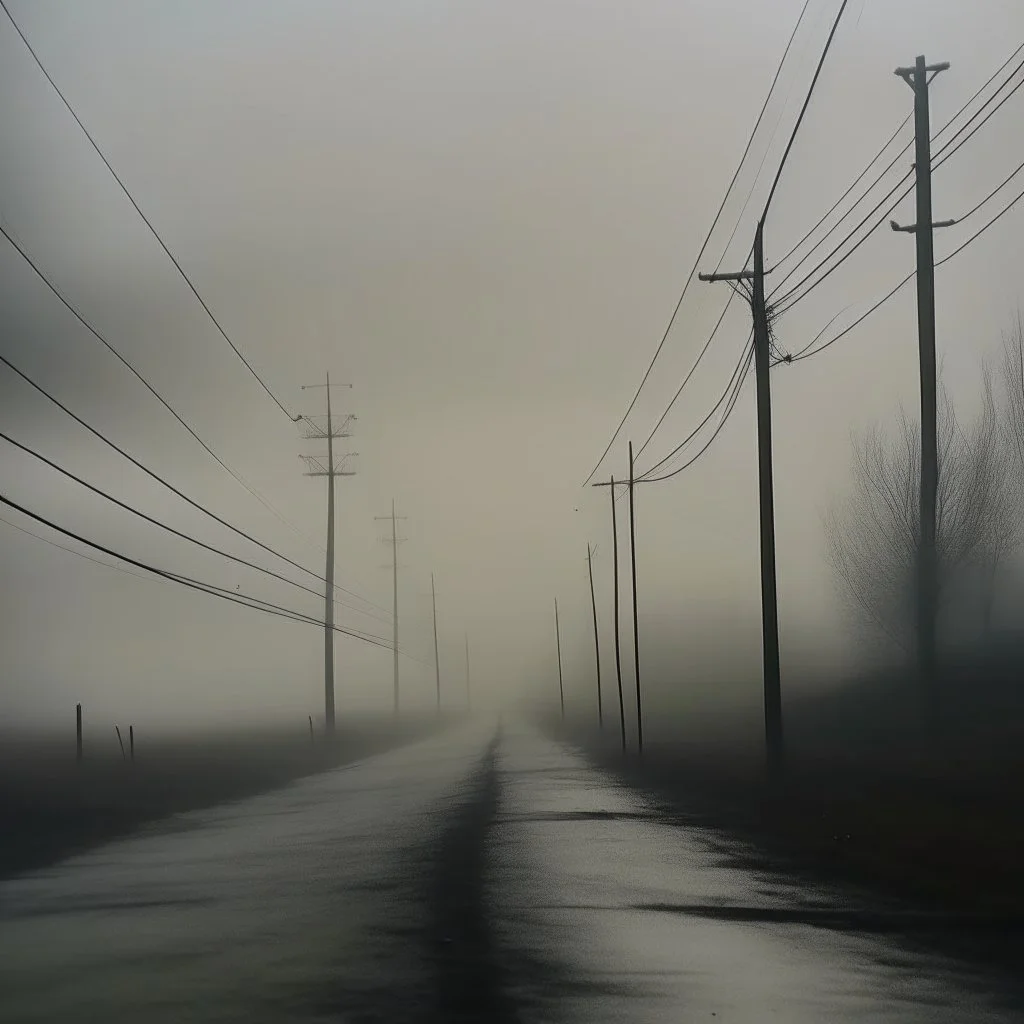 An empty road on a misty day. Telegraph poles and wires. Muted tones. With blotches and lens noise. Hyper realistic Photo 4k