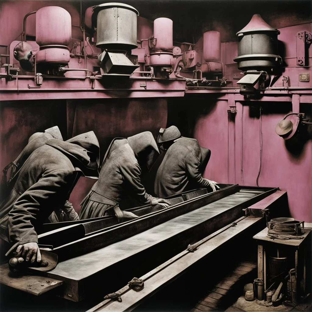 faceless students hunched over desks on large conveyor belt headed into a open furnace, photorealism, by Joel-Peter Witkin, deep colors, surreal, moody, dramatic, Pink_Floyd aesthetics