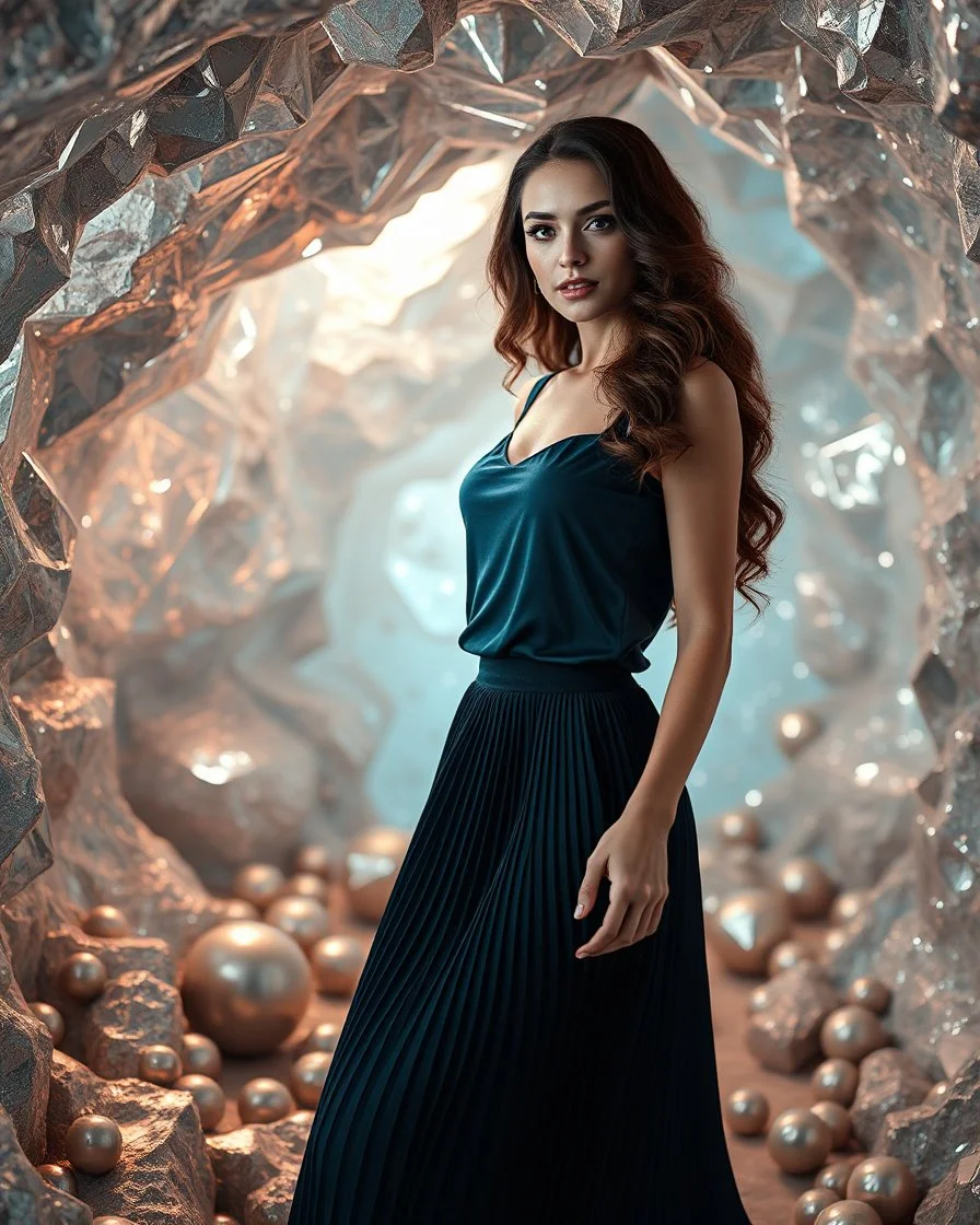 make a picture pretty cave made of crystal and metallic 3d fractal recursive cubic and sphere base structures and a beautiful fashion model lady with cute,with dark cyan decholte top and pretty pleated midi skirt,siver,curvy long hair,makeup, she walks in cave ,dynamic camera fallow her inside cave capturing full body, dynamic lights.