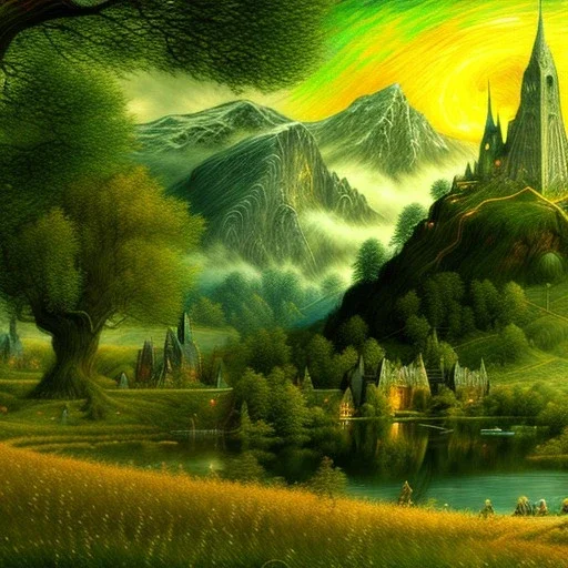 Epic Drawing of scenery of The LOTR estilo Van Gogh 4k