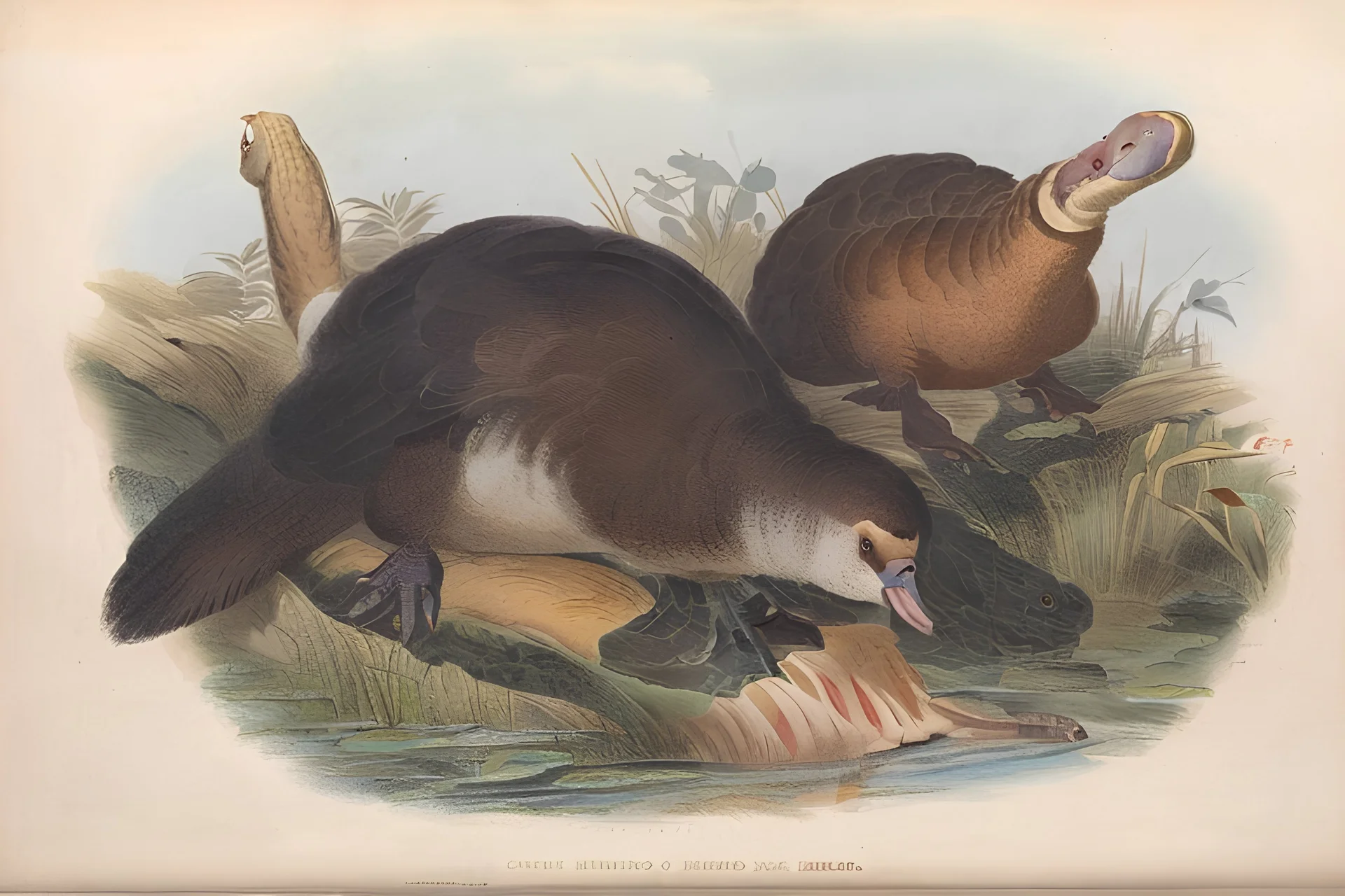 John James Audubon-like illustration of a fully uncropped Dodo bird and a Platypus in a chinoiserie landscape of warm yellows, warm reds, and warm blues