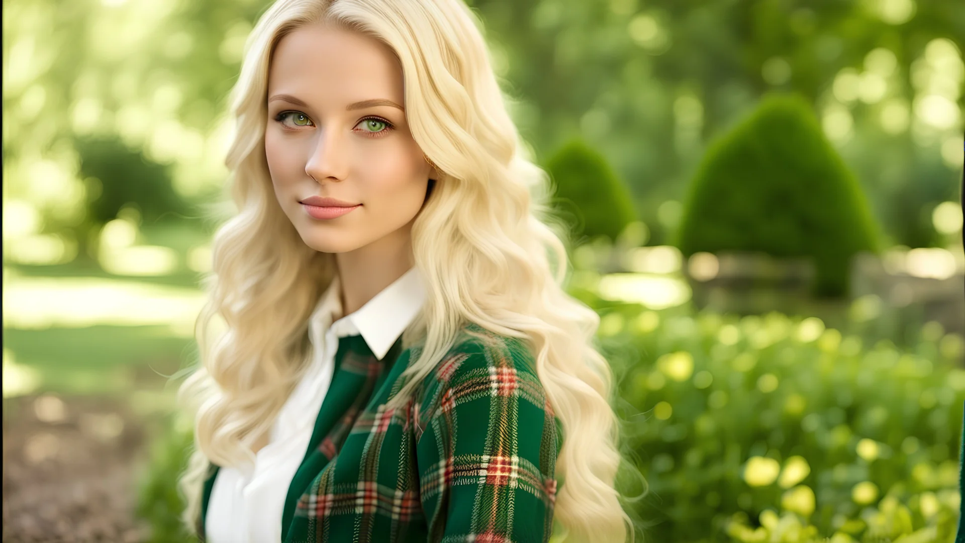 Photo is in sharp focus with high resolution and is a closeup of a beautiful and slender caucasian 17 year old teen girl with long wavy platinum blonde hair. She is wearing a white blouse and green plaid jumper. She is in a garden gazing at the viewer.
