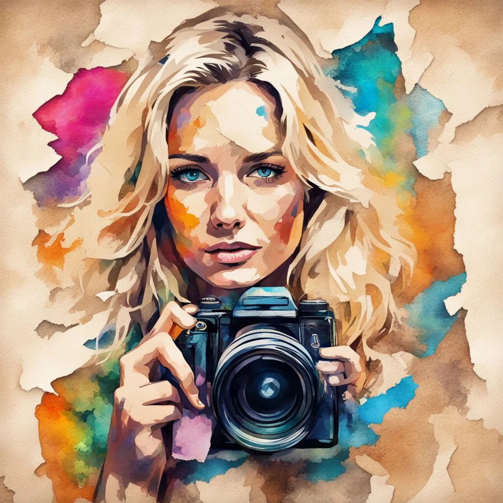 portrait of a blonde woman with a camera, background old torn paper, bright colors, ART drawing