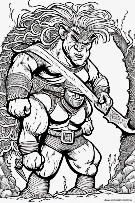 coloring book page of a gigantic troll holding a sword