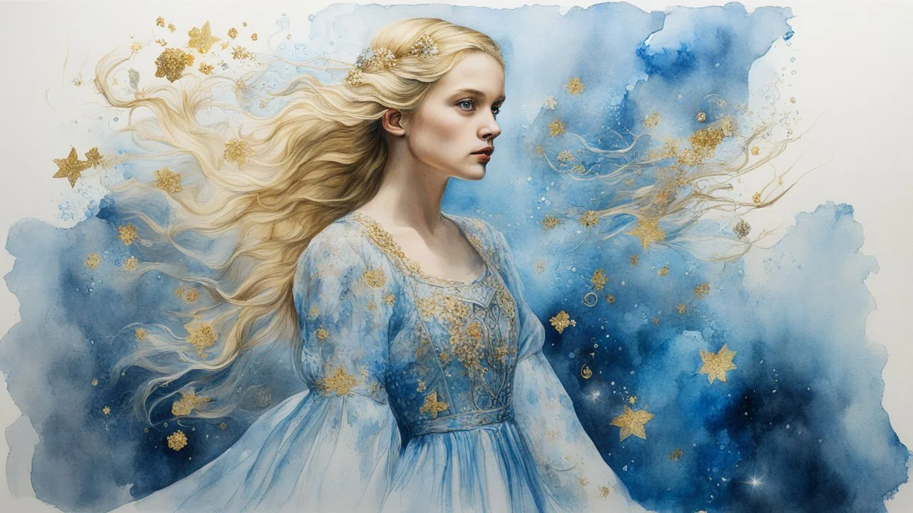 Middle Ages, fine charcoal drawing, watercolor, gouache, acrylic, portrait of a beautiful blonde 20 years old, airy dress, double exposure, fantasy, water, blue, loose hair, flower, glare, sparkles, gold, clear lines, high resolution, 3D , photorealism, precise focus