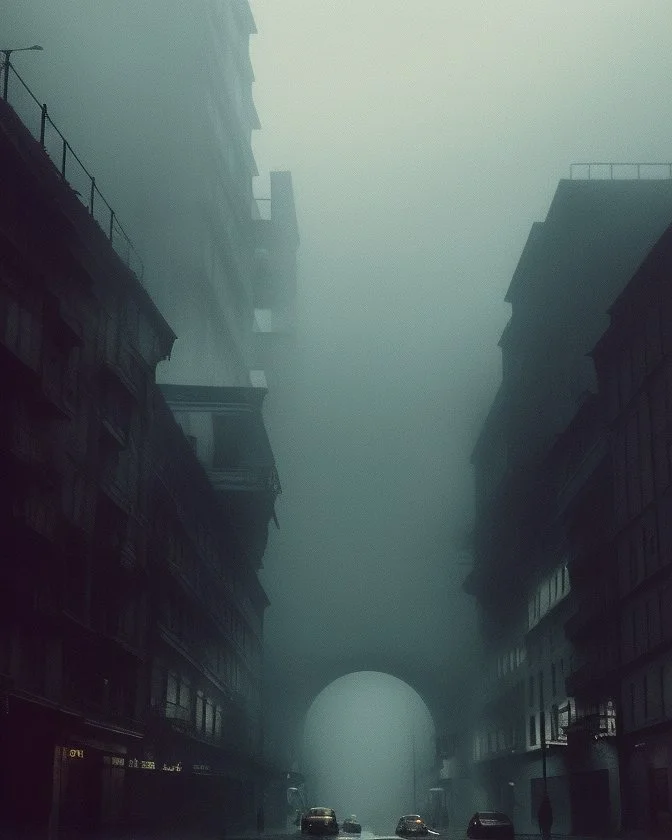 Dark street life creepy fog colours strong texture nightmare 8k artistic Photography volumetric light, Yves Tanguy Max Ernst Gustav Klimt chaos fool ghost