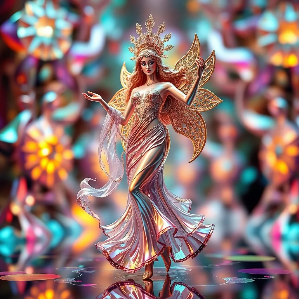 A goddess of love in a cleric dress dances in a vibrant, vibrating, color-rich 3D environment of metallic and crystal recursive geometric structures and an evolving ,Creative 3d fractal art, blurred bokeh effect,