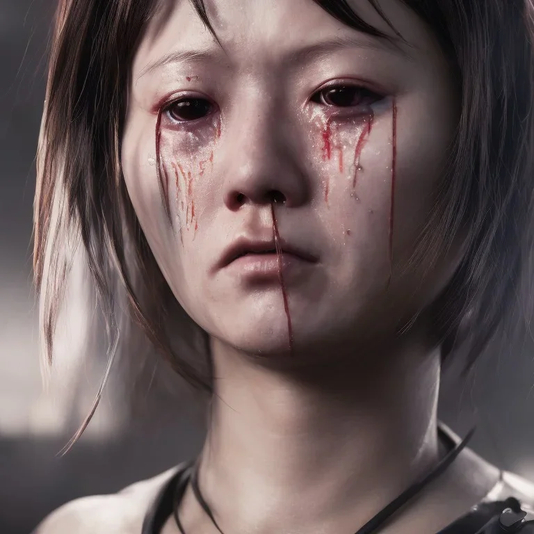 portrait closeup face crying half hitomi tanaka half cyborg middlecyborgs post-apocalypse in a cyberpunk city, sci-fi fantasy style, volumetric lighting, particales,highly detailed,cinamatic, deep colours,